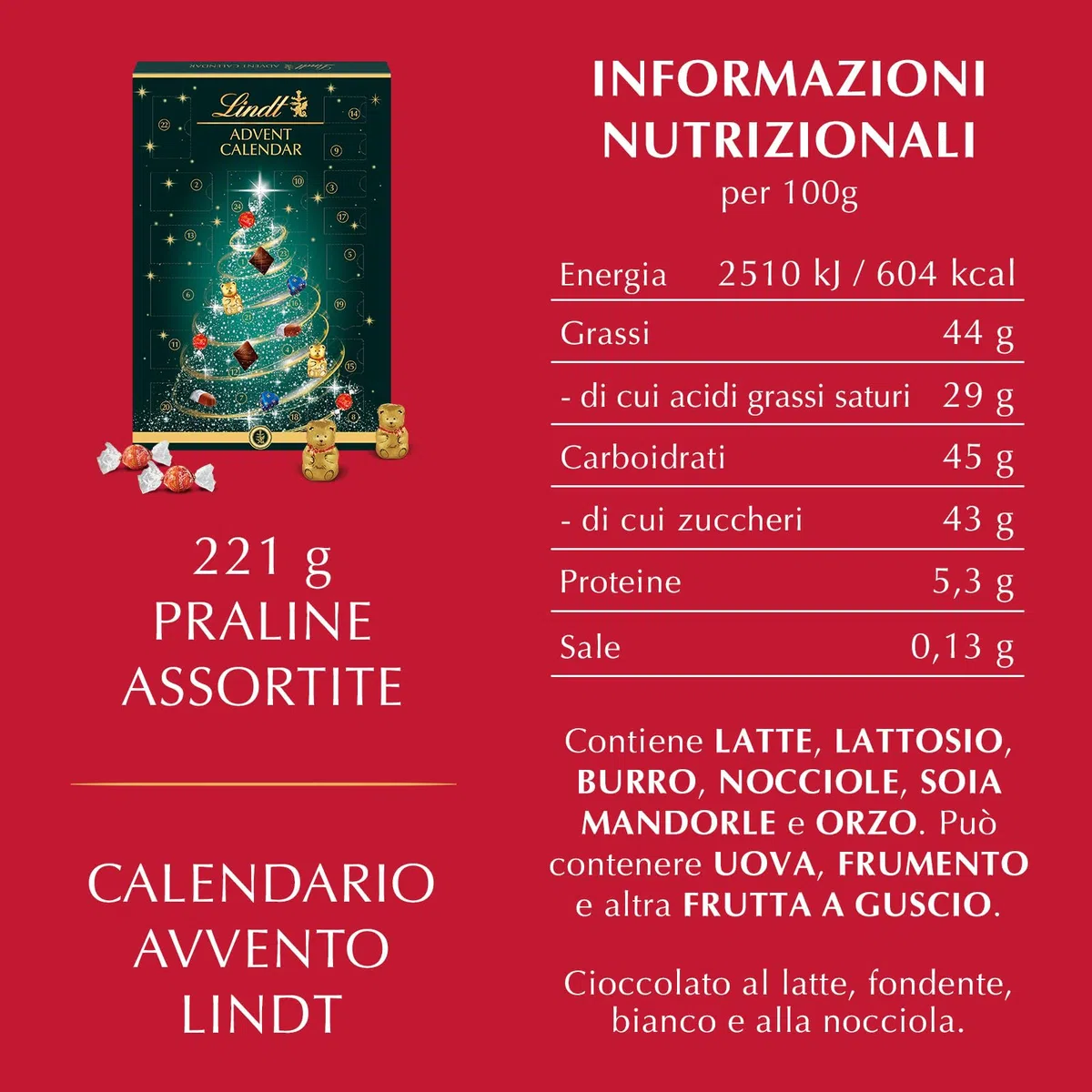 Lindt Calendario Avvento 2025 Albero, Praline di Cioccolato Assortite in confezione natalizia, Formato 221g