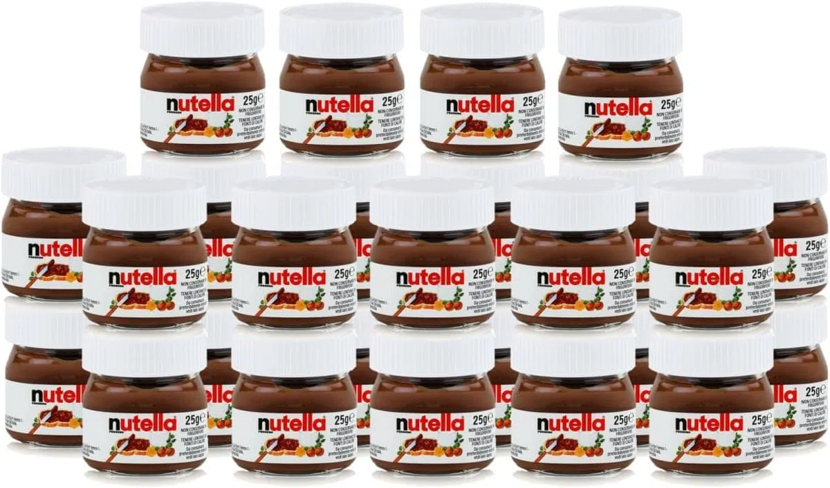 FERRERO - Barattoli di vetro in miniatura, set di 26 unità da 25 g, crema spalmabile alla nocciola e al cioccolato - Pack Promoo