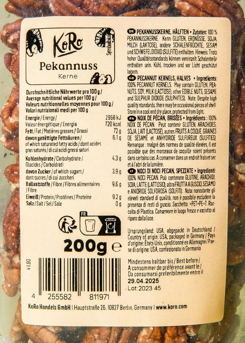 KoRo - Noci pecan formato prova 200 g - Formato di prova - Ideale come snack o in ricette