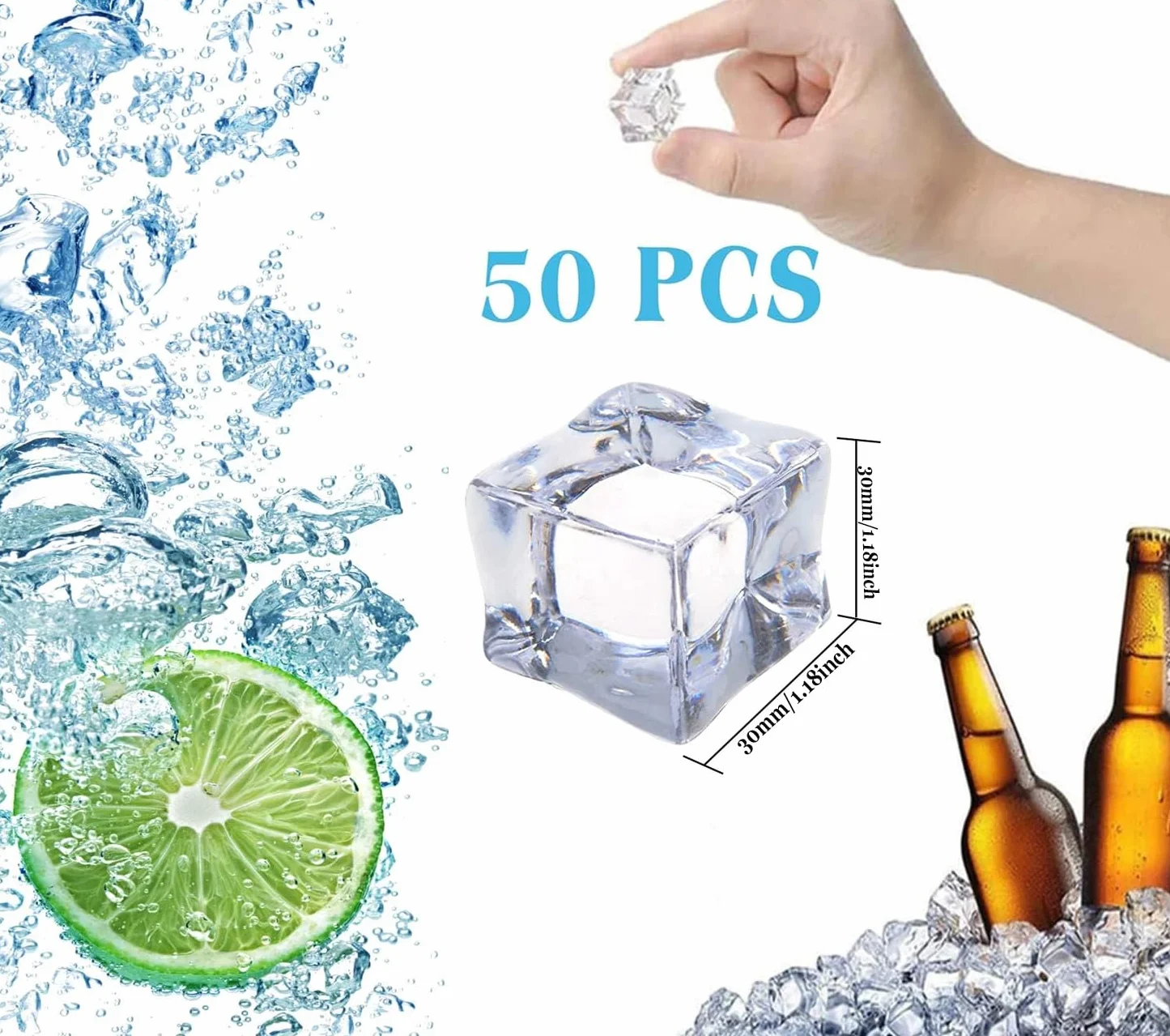 50 Pz XL Cubetti di Ghiaccio Acrilico, Riutilizzabili, da 30mm, Cubetti Finto Artificiale Trasparenti Quadrata per Decorazione Domestica e Matrimoni