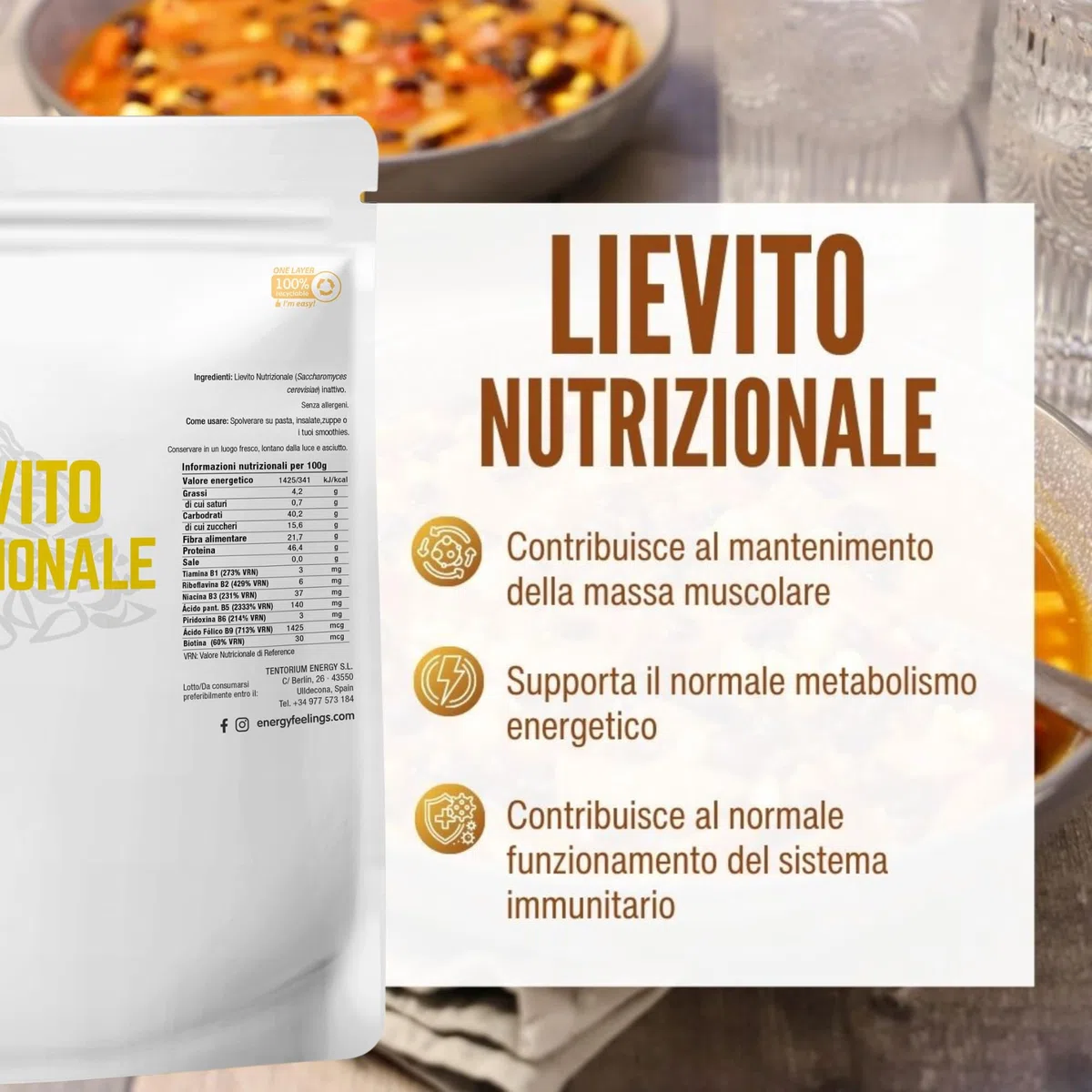 Energy Feelings Lievito Nutrizionale in Scaglie 1 kg. Lievito Alimentare Naturale Inattivo, Integratore Ricco di Vitamine B e Proteine 46%, in Fiocchi Senza Glutine e Vegano