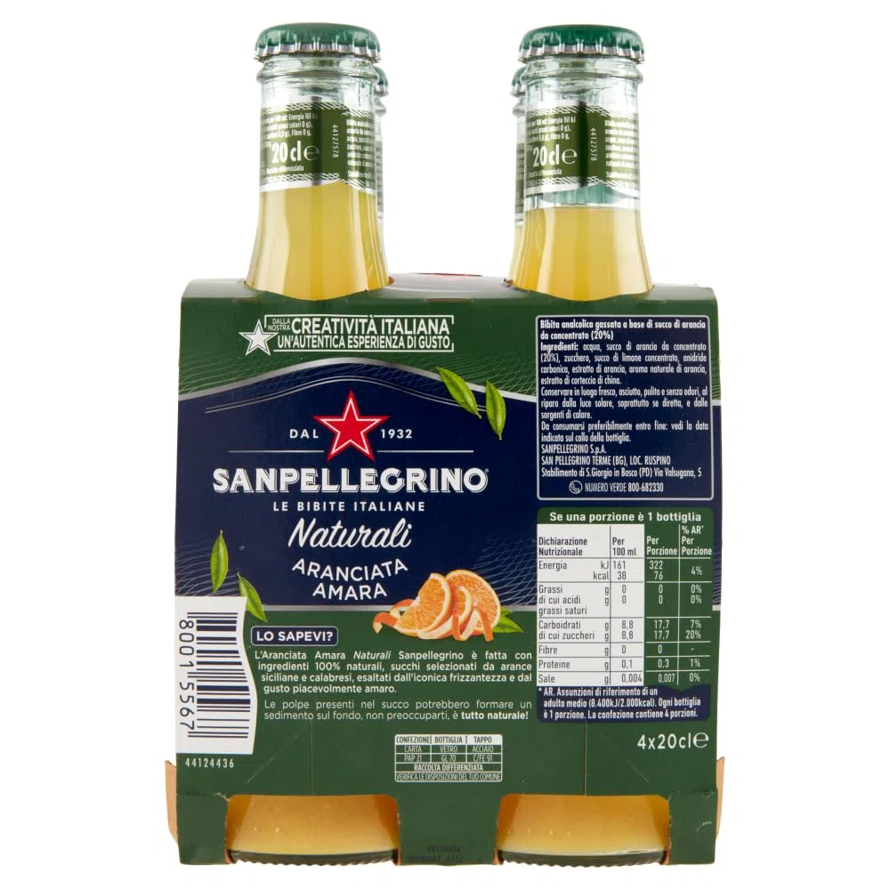 12x San Pellegrino Aranciata Amara Naturali Bevanda Analcolica Rinfrescante con succo di Arancia italiano, Bottiglia di vetro 20cl
