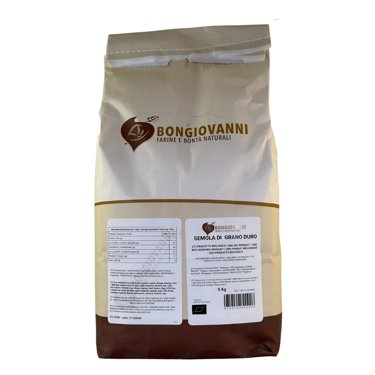 BONGIOVANNI FARINE E BONTA' NATURALI Semola di Grano Duro 5Kg BIO