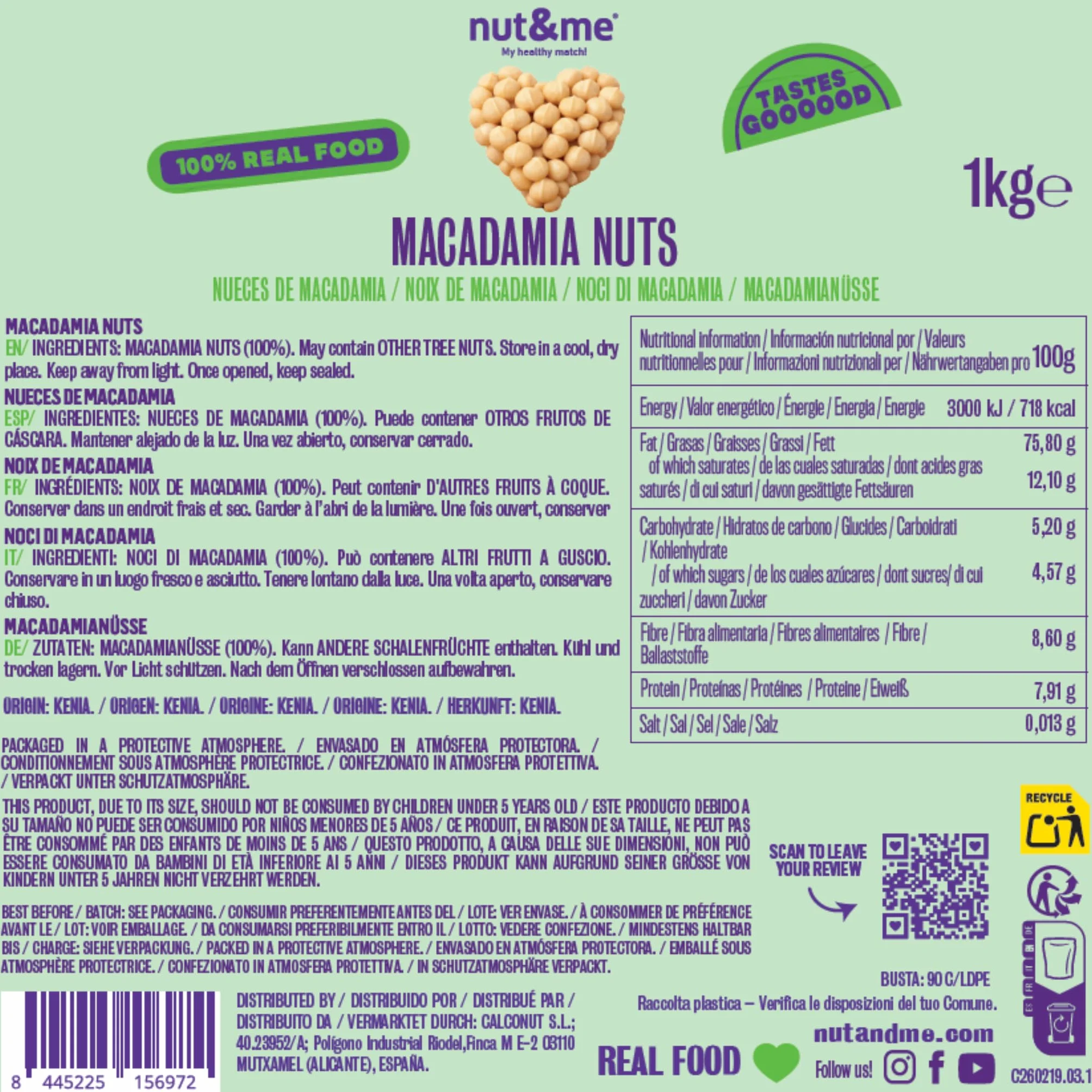 nut&me Noci di Macadamia 1 Kg | Noci Macadamia Intere Sgusciate | Senza Glutine né Additivi | Ideali per Snack, Pasticceria, Granola, Insalate e Ricette Dolci