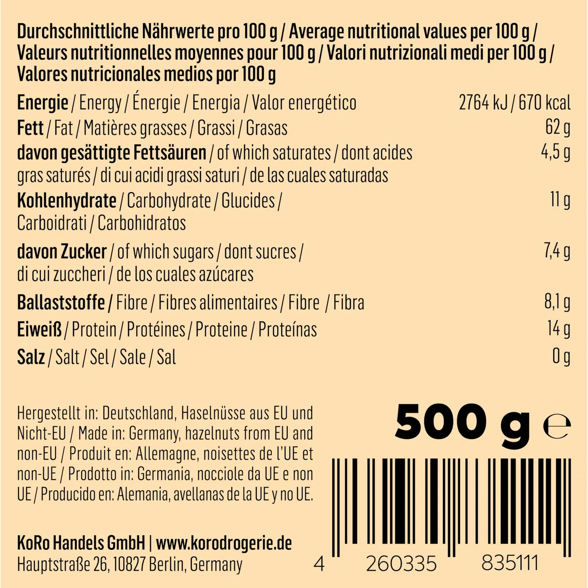 KoRo - Crema di nocciole 2 x 500 g - 100% nocciole - senza zuccheri - vegan - per dolci e gelati - senza olio di palma