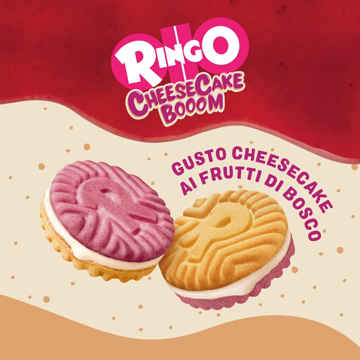 Pavesi Snack Ringo Cheesecake Booom, Biscotti Farciti con Crema Dolce al Formaggio e Biscotti ai Frutti di Bosco e Malto d'Orzo, Snack per Merenda o Pausa Studio, 165g