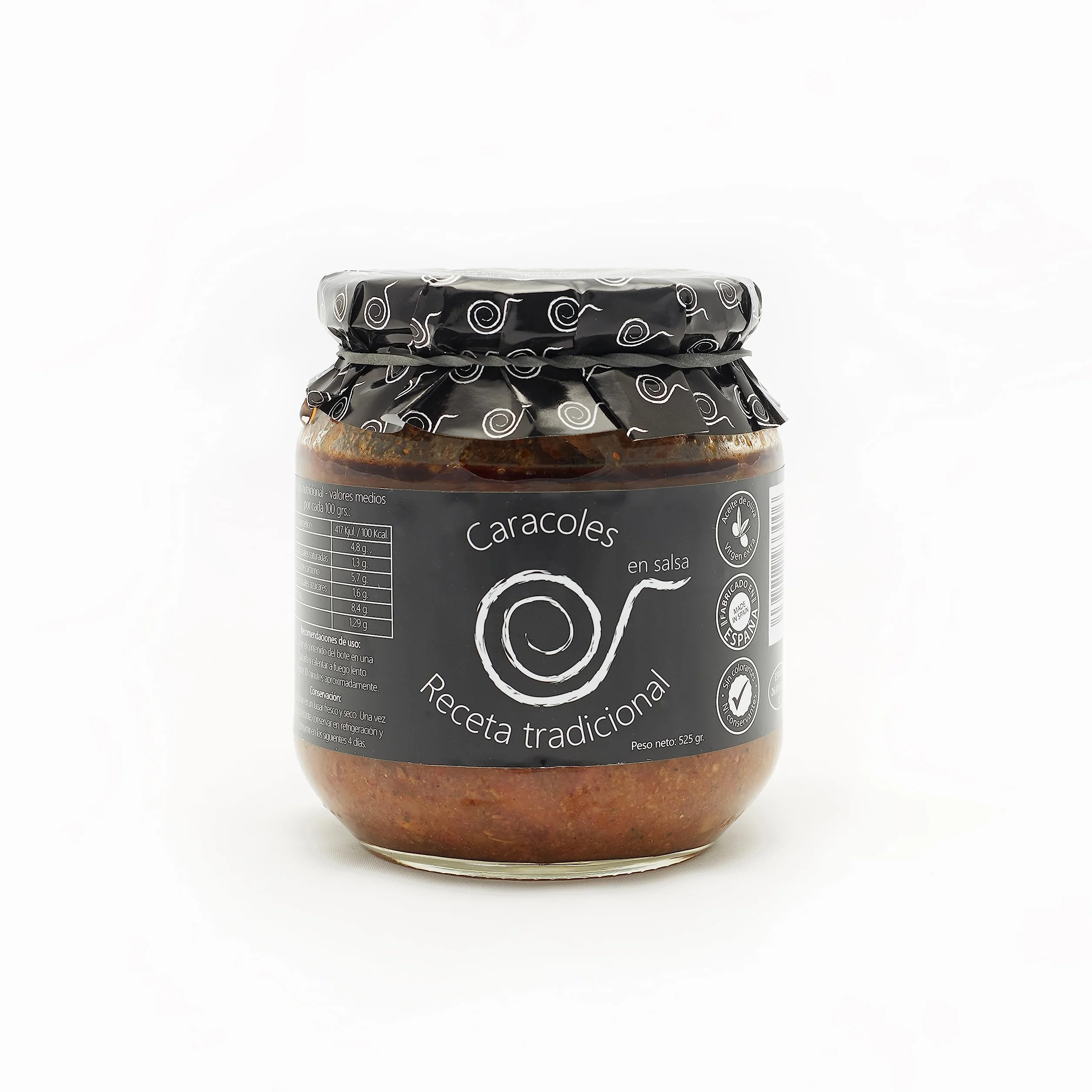 Lumache da mangiare. Lumache in salsa. Lumache cotte 550gr. Ricetta familiare, casalinga e artigianale. Conserve gastronomiche. Regalo originale per tutti. Prodotto 100% fabbricato in Spagna.