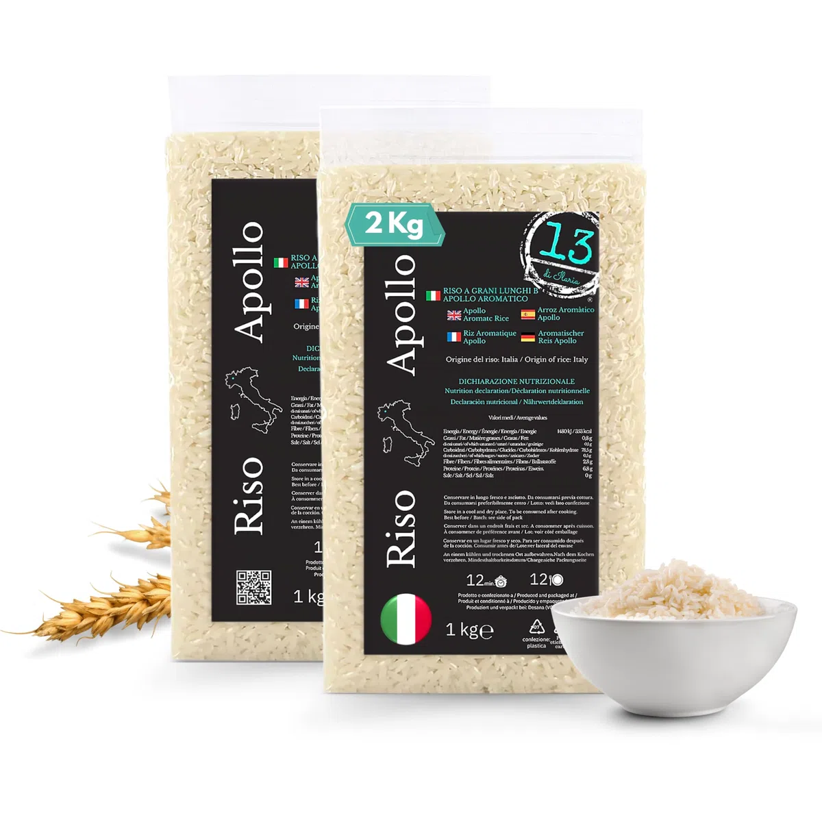 Riso Apollo Aromatico Italiano 2 kg (2x1 kg) – Alternativa Italiana al Basmati – Chicco Lungo Profumato – Ideale per Poke, Bowl e Meal Prep – Senza Glutine – Coltivato in Piemonte