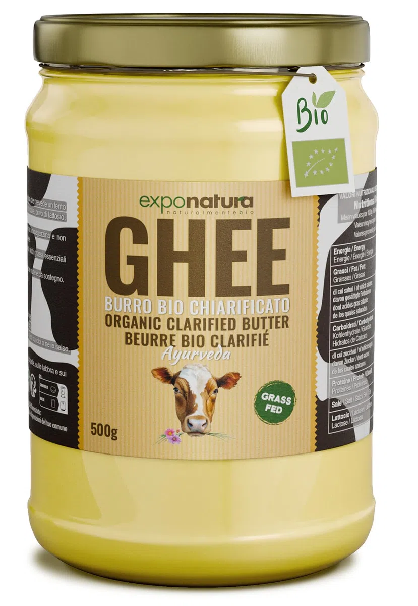 Exponatura Ghee biologico - burro chiarificato secondo l’antica ricetta Ayurvedica - solo da latte di mucche al pascolo - senza lattosio estremamente digeribile - Ghi (500 g)