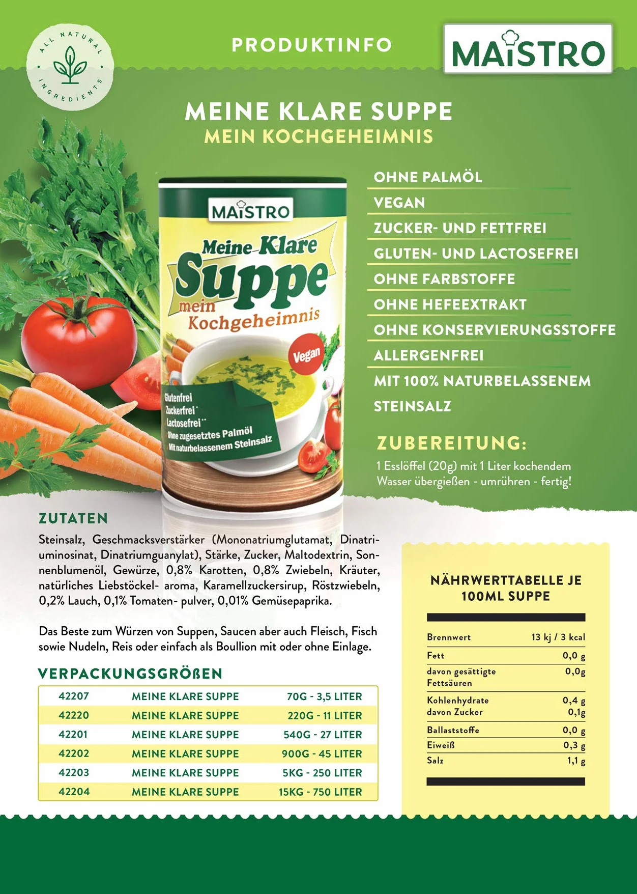 Brodo vegetale vegano e condimento, senza grilletto allergenico, senza grasso di palma, semplice, veloce e preparato deliziosamente. Zuppa di verdure 900 g / 45 litri con salgemma naturale