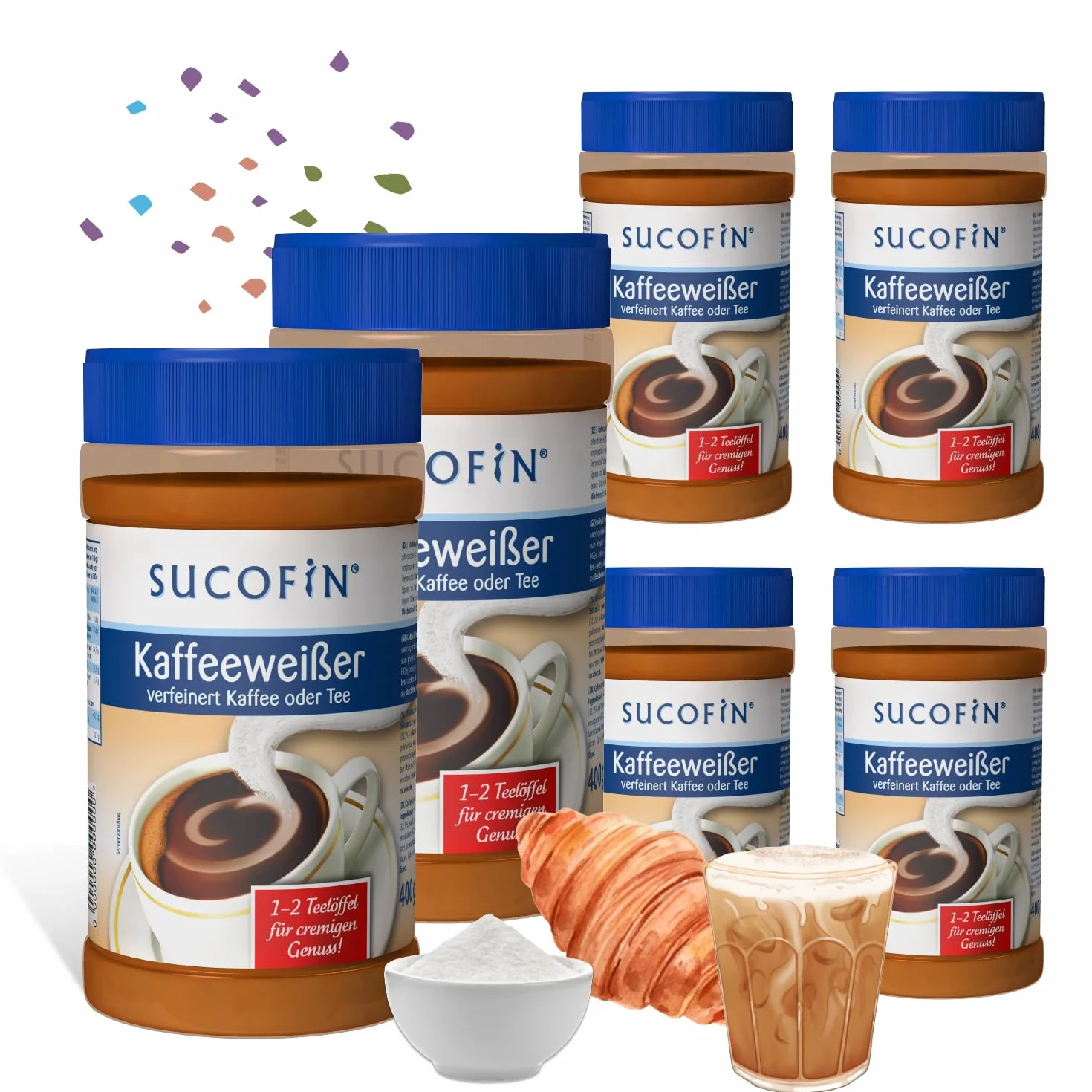SUCOFIN Confezione da 6 barattoli da 400 g, raffinati caffè e tè facilmente solubili, lunga durata, perfetta sostituzione del latte in polvere, confezione da 6 pezzi per un piacere cremoso