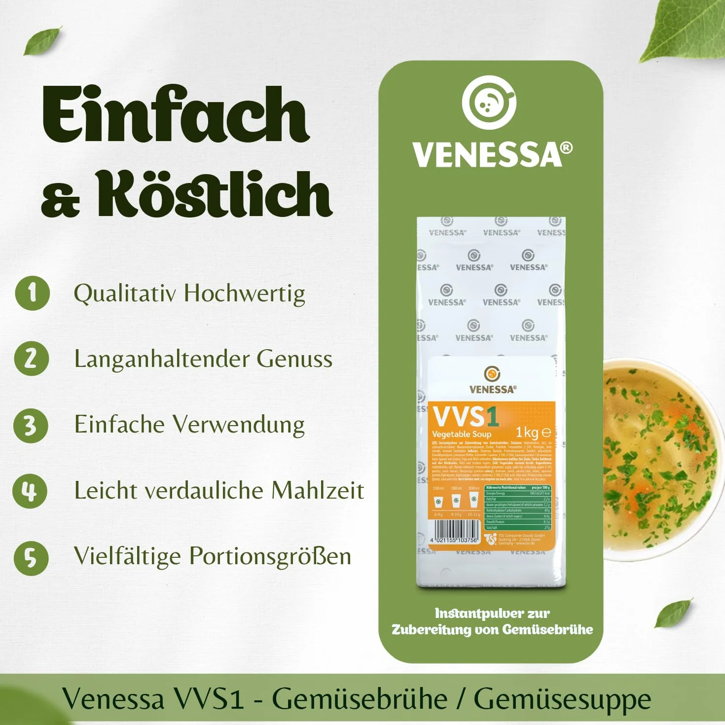 VENESSA VVS1 - Brodo vegetale fine, 2 x 1 kg, in polvere per zuppa, vegetabile, zuppa per macchina vegetariana, zuppa di verdure senza grumi, preparazione rapida, adatta per macchine automatiche