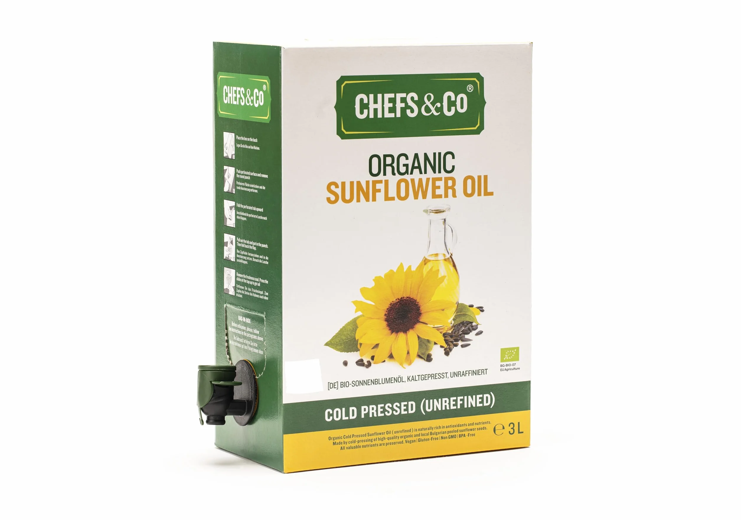 CHEFS & CO Olio di Girasole Biologico SPREMUTO A FREDDO | Non Raffinato | Qualità Premium | Olio Vegetale (3L (Confezione da 1))