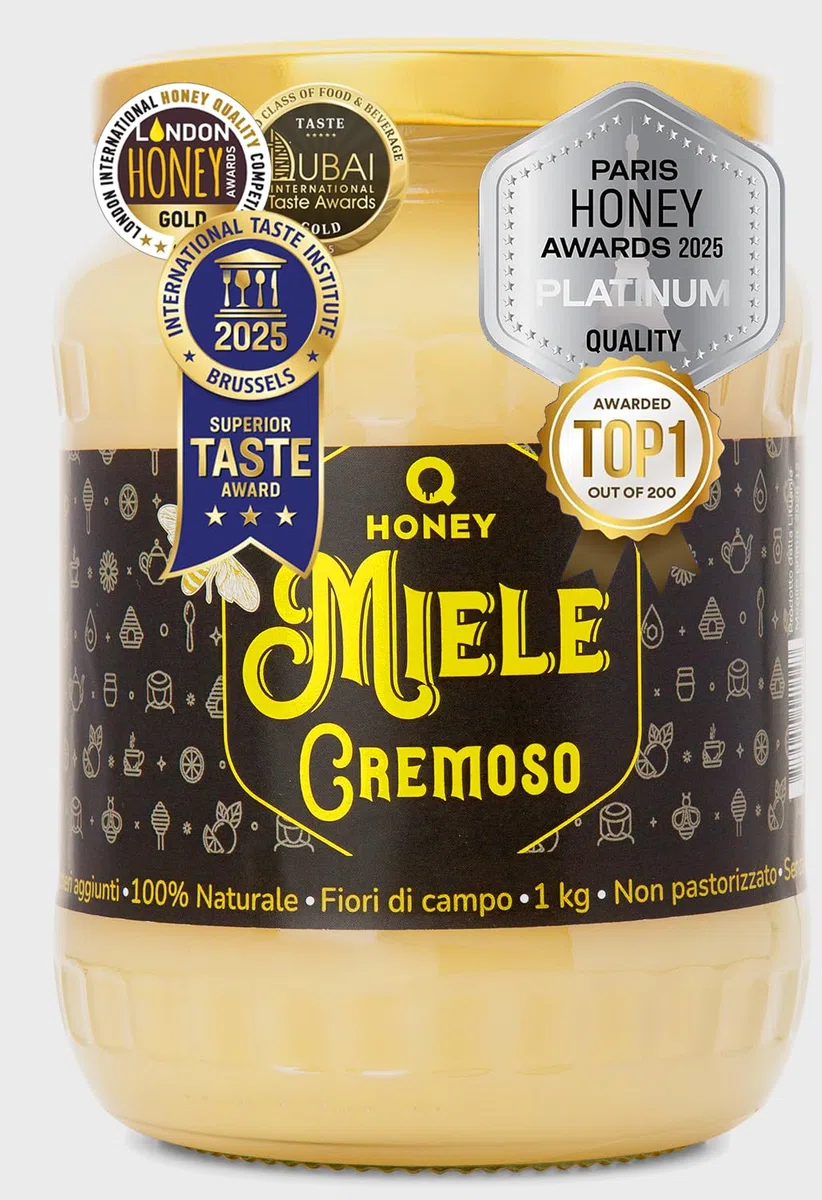 Q Honey Miele millefiori cremoso 1 kg – crudo, 100% naturale | Premiato: Superior Taste Bruxelles, London Platino 2026. Miele cremoso monorigine Lituania, crudo, senza additivi.