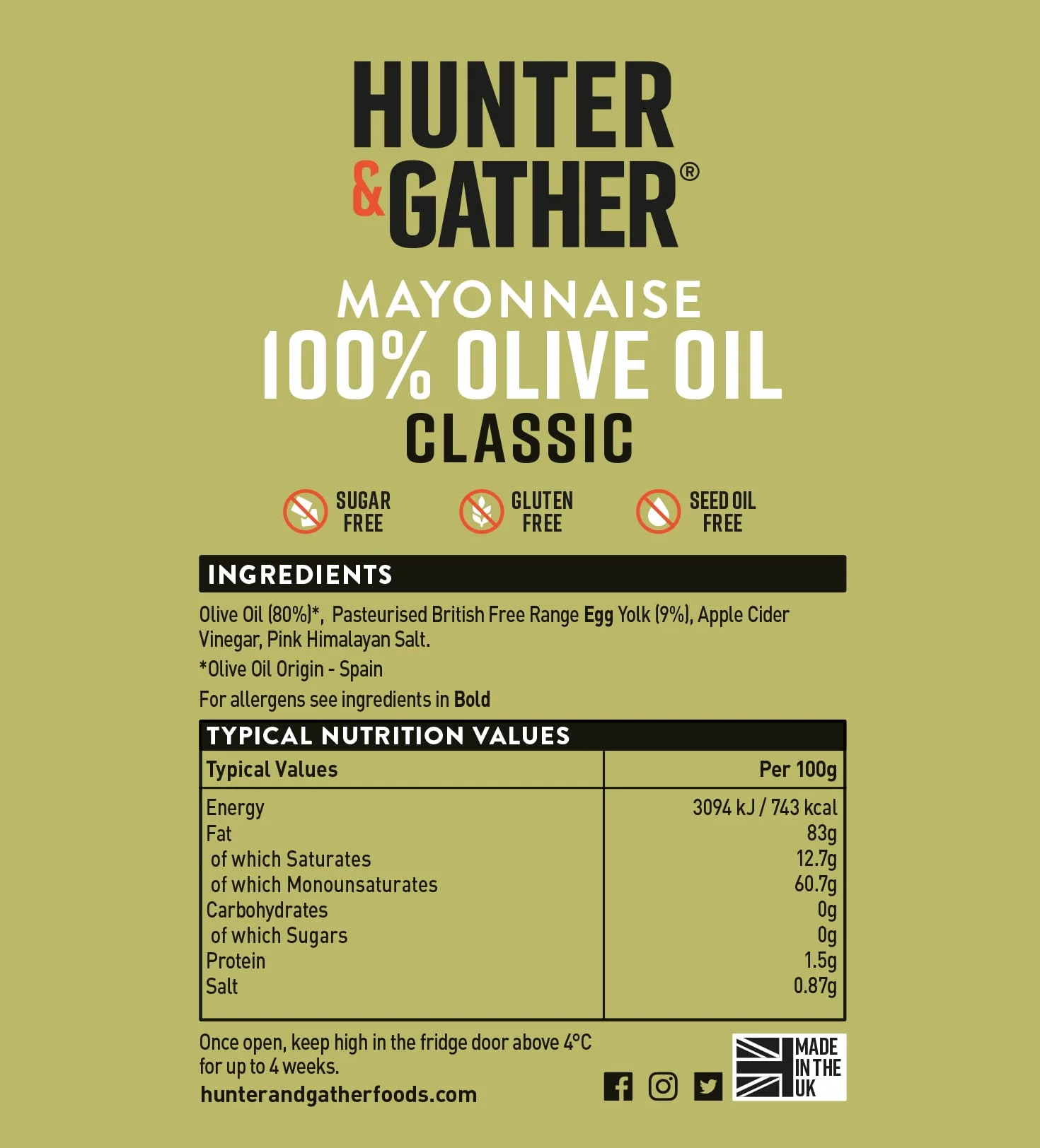 Hunter & Gather Maionese all'Olio d'Oliva 630g | Realizzata con Puro Olio d'Oliva e Uova da Allevamento all'Aperto | Paleo, Cheto, Senza Zucchero e Senza Glutine