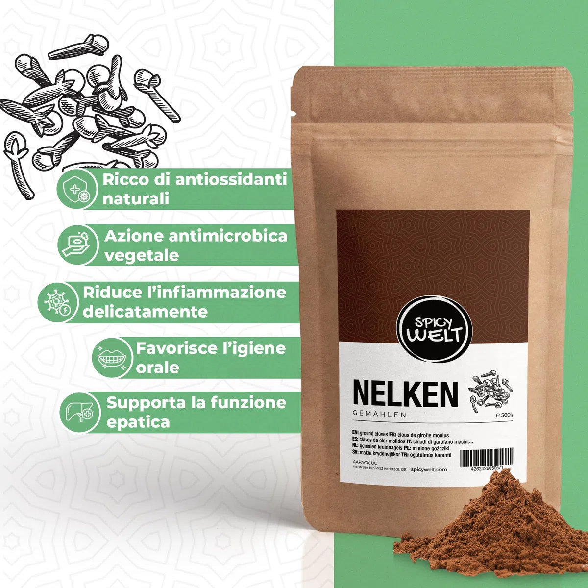 Spicy Welt Chiodi di Garofano Macinati (500g) – Polvere di Garofano per Dolci, Brodi, Tisane e Marinature | Aroma Intenso, Pungente e Balsamico | 100% Naturale, Senza Additivi