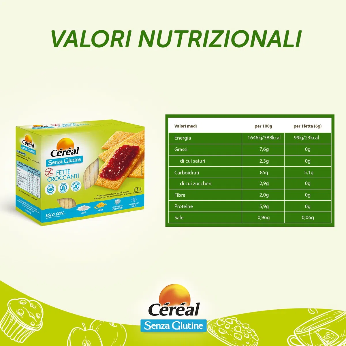 Céréal Fette Croccanti, Fette con Farina di Mais, Farina di Riso, Senza Glutine, Senza Lattosio, 125 gr, Formato 12 Confezioni