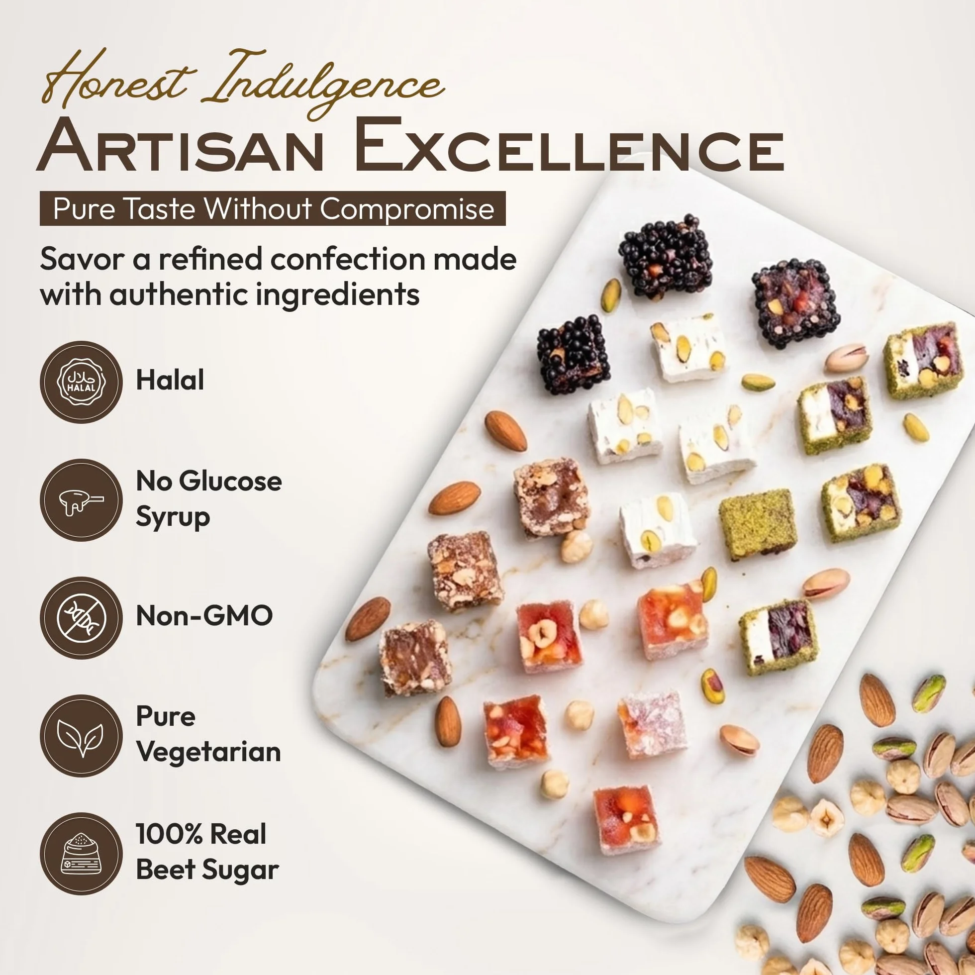 Mughe Gourmet - Delizia Turca con Pistacchi Sultan - Elegante Scatola Regalo di Lusso - Lokum Pistacchio, Arancia, Nocciola e Mandorle - 650g - Halal e Vegetariano - Perfetta per Compleanni, Natale