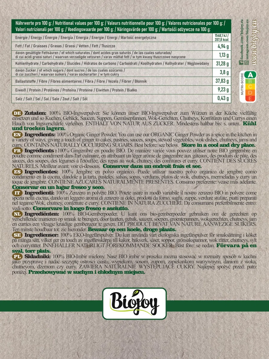 Biojoy Zenzero in polvere BIO (1 kg), disidratato e senza zucchero (Zingiber officinale)