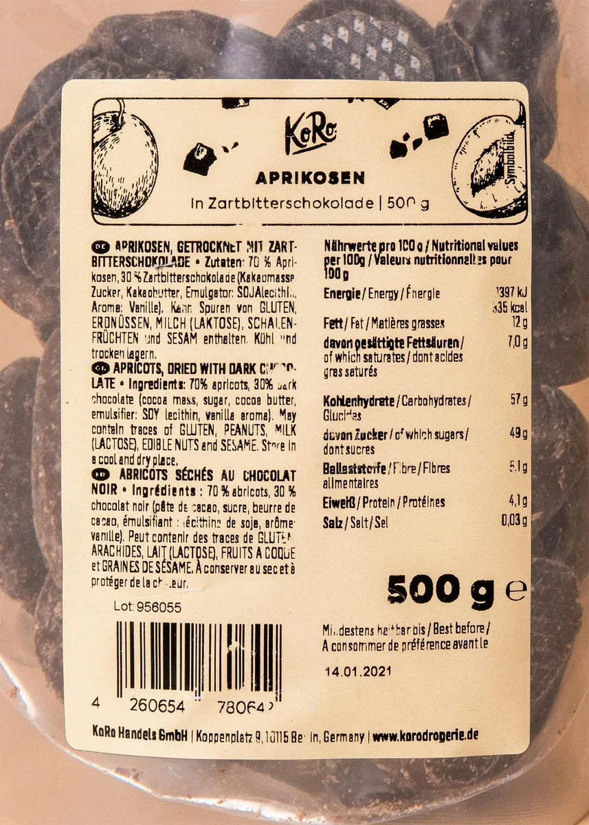 KoRo - Albicocche al cioccolato fondente formato prova 500 g - Delizioso snack vegano senza zuccheri aggiunti