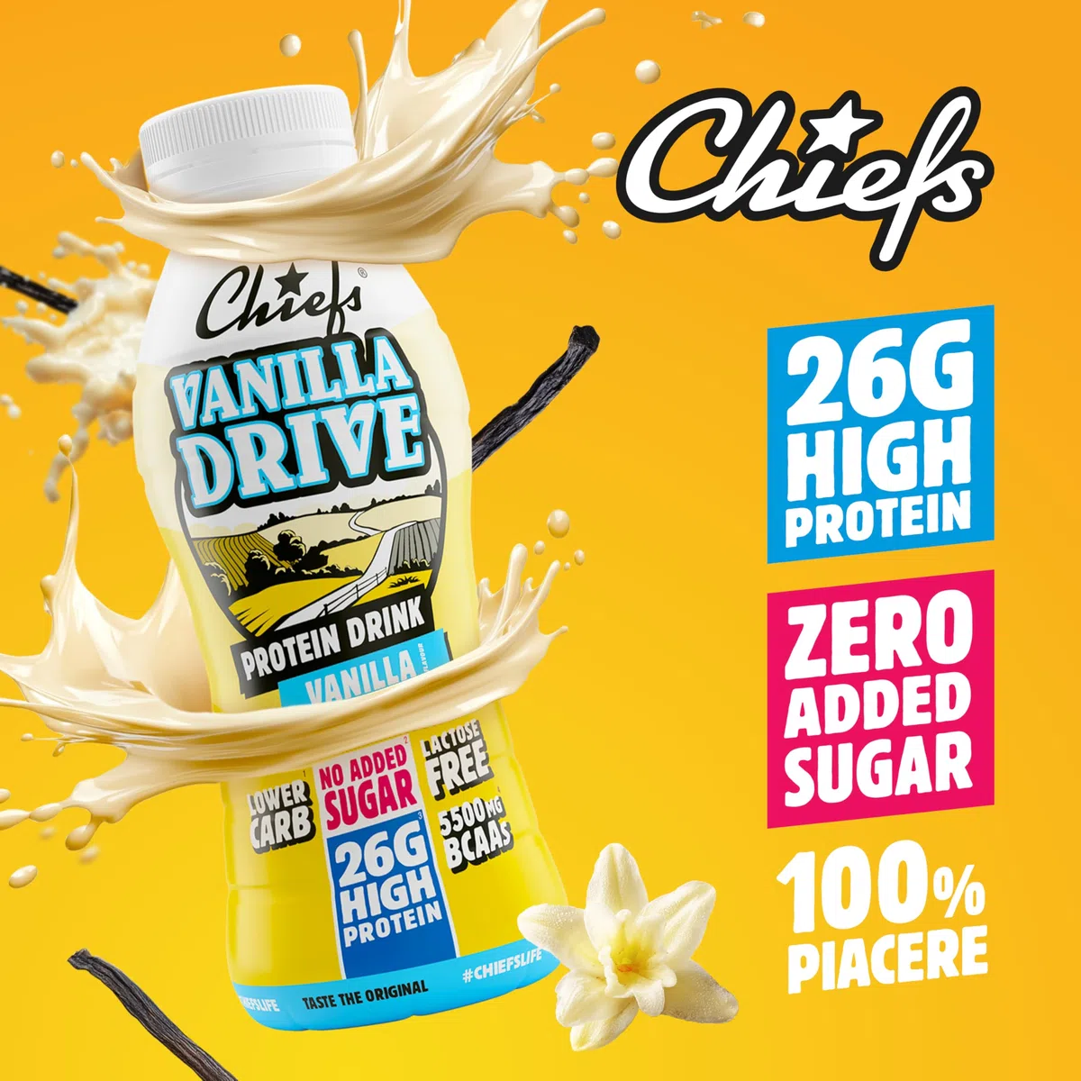 Chiefs Drink 26g di proteine, Bevanda Proteica al gusto Vaniglia, Senza Lattosio, Senza Grassi e Zuccheri Aggiunti (8 confezioni x 330ml)