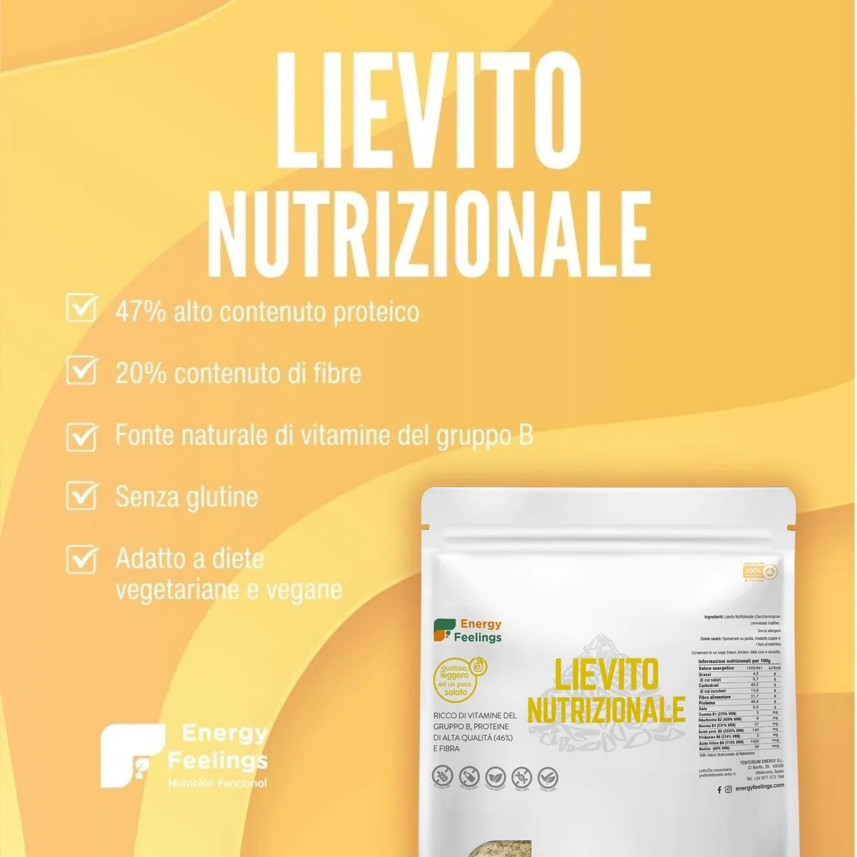Energy Feelings Lievito Nutrizionale in Scaglie 1 kg. Lievito Alimentare Naturale Inattivo, Integratore Ricco di Vitamine B e Proteine 46%, in Fiocchi Senza Glutine e Vegano