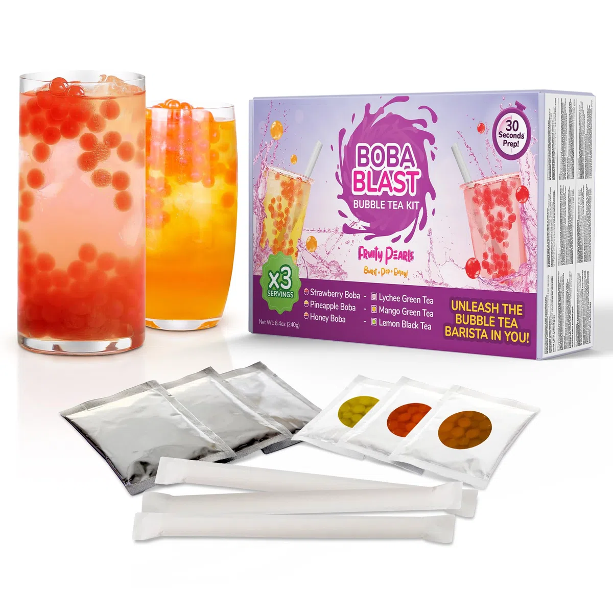 BobaBlast Bubble Tea Kit Completo (240 g) - Perle Bubble Tea ai 3 Gusti Fruttati Fragola, Ananas e Miele - Popping Perle Divertente, Veloce da Preparare e Delizioso - Per Amici e Famiglia