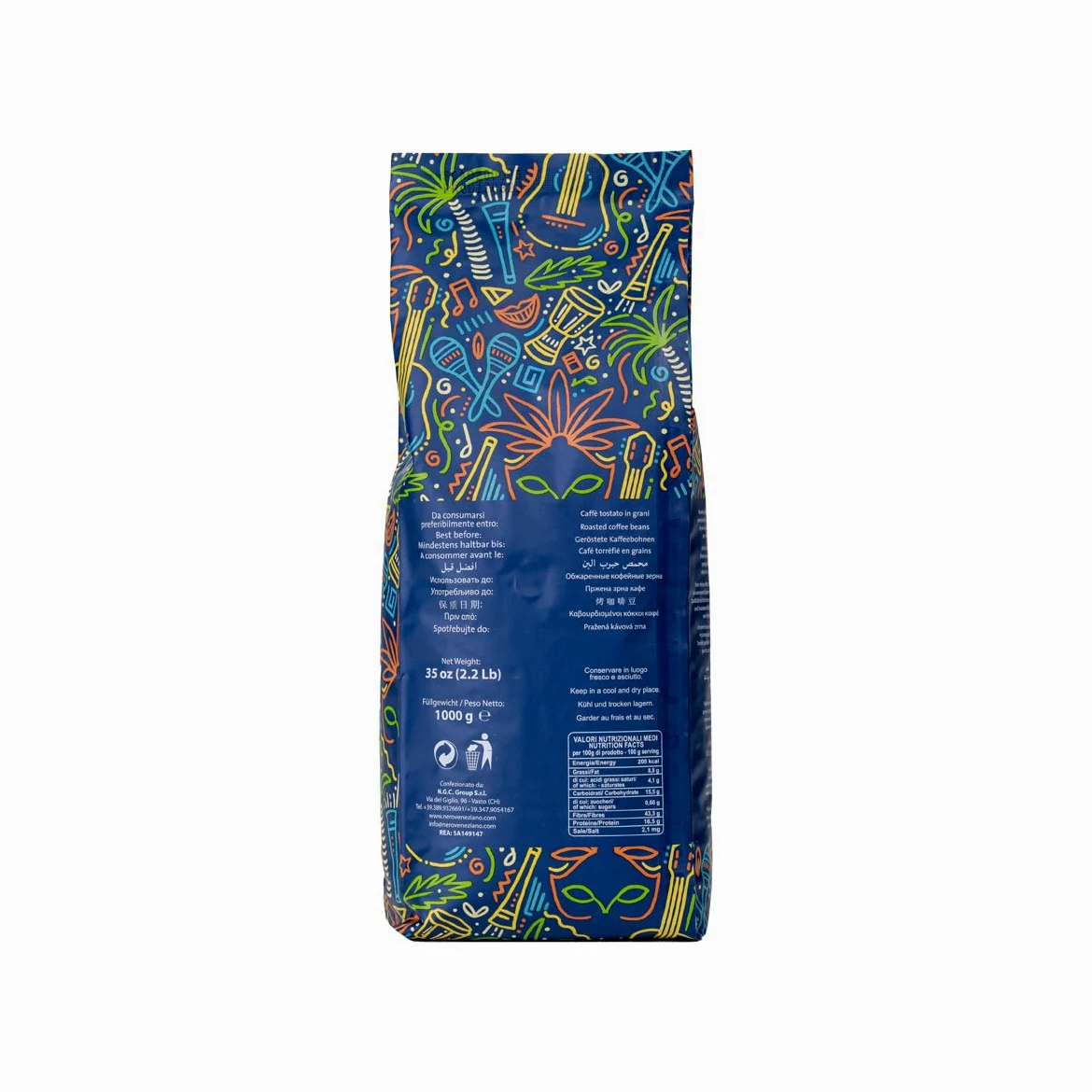 Nero Veneziano Brazil Caffè in Grani 1 kg 60% Arabica 40% Canephora, Tostatura Media, Note di Cioccolato e Nocciola, Bassa Acidità per Espresso e Automatiche