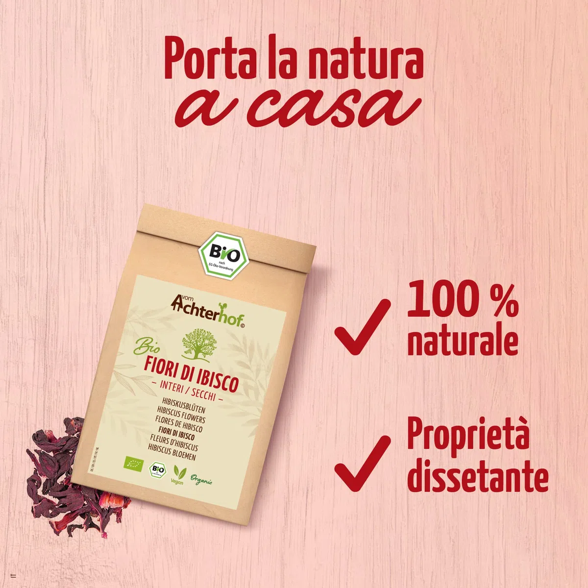 Fiori di ibisco biologici secchi interi 1000g | gusto leggermente acido-fruttato | in qualità biologica | tè di ibisco dolce-aromatico | ideale per insalate, dessert, torte, joguhrts | vom Achterhof