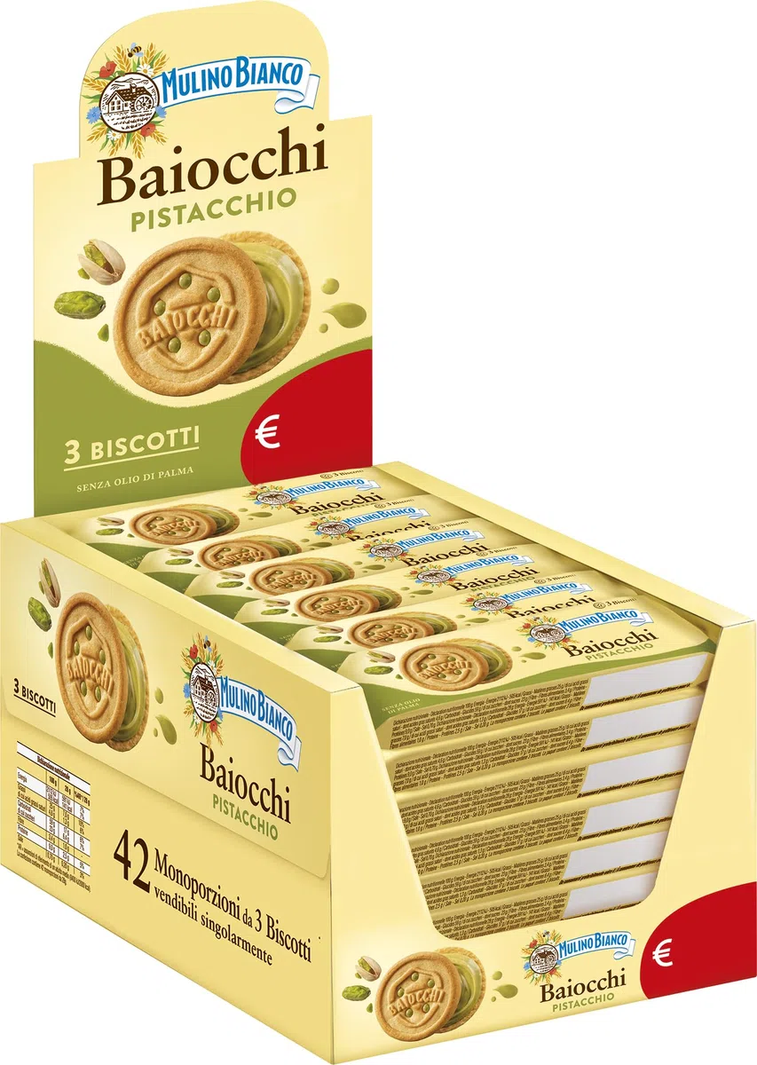 Mulino Bianco Biscotti Baiocchi al Pistacchio, Biscotti con Pistacchio e Pastafrolla Ideali per Colazione o Merenda, Senza Olio di Palma, Confezione da 42 Monoporzioni da 28g