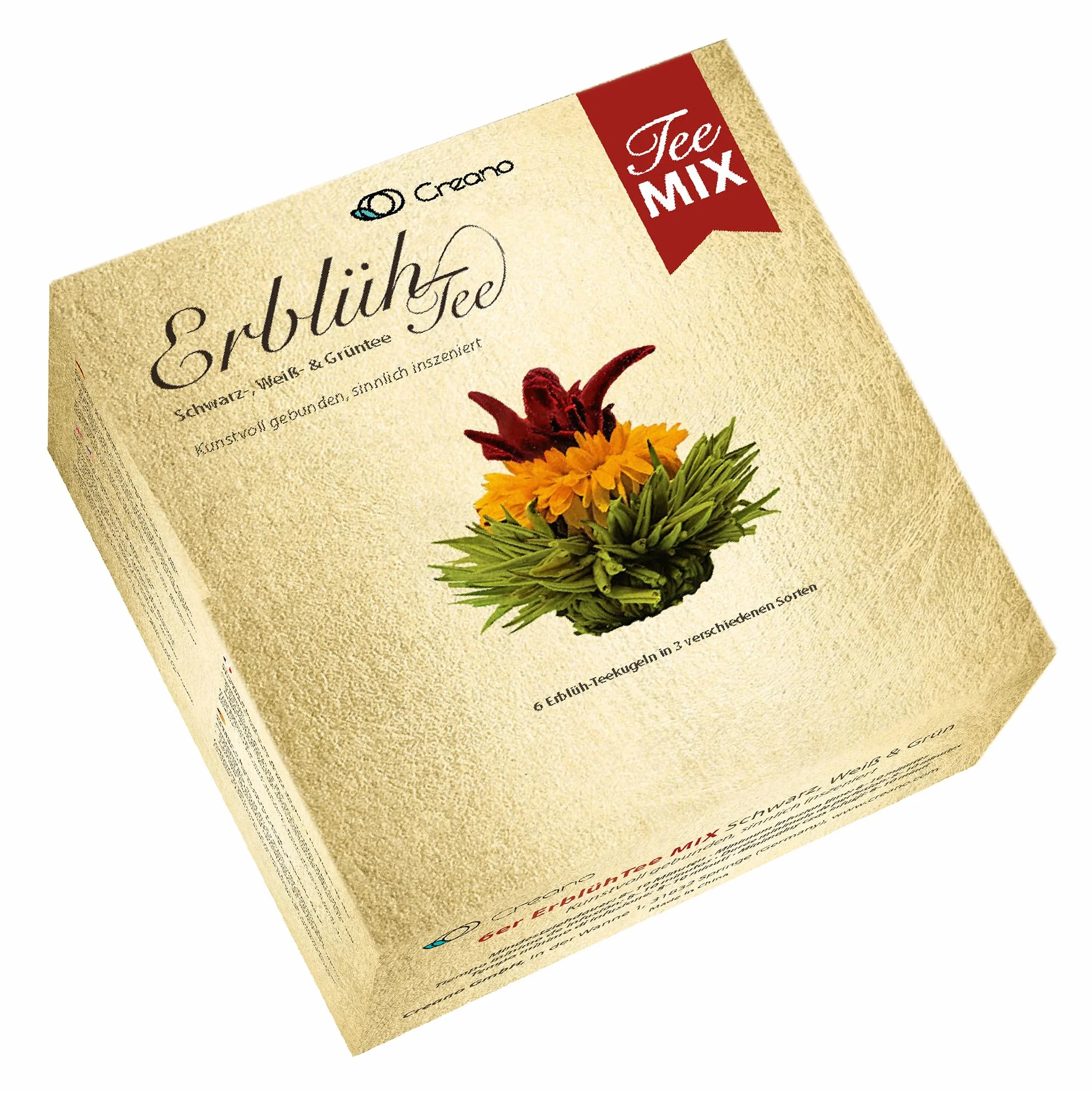 Creano Miscela di Té Fiorito con 6 Varietà di Tè Bianco, Nero, Verde - Set Regalo con Teiera di 500ml in Vetro Confezione Dorata da 7 Pezzi – Regalo Elegante per Donna