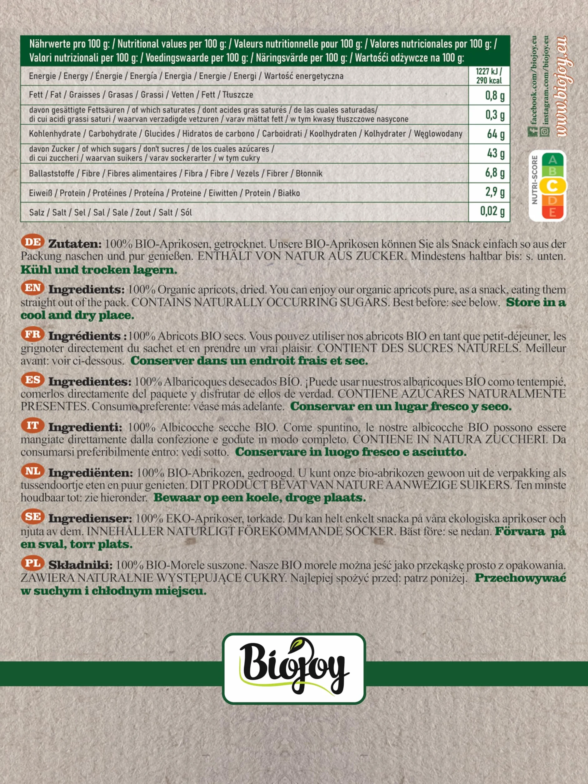 Biojoy Albicocche secche BIO (1 kg), senza zucchero aggiuntо e senza solfiti