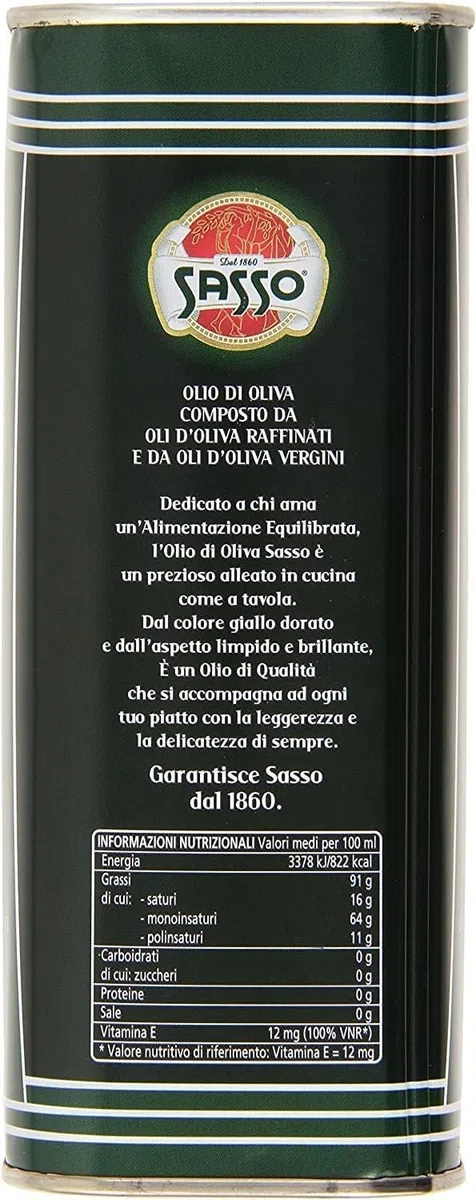 Sasso Olio d'Oliva, Composto da Oli d'Oliva Raffinati e Vergini, 2 x 1 Litro, Prodotto Italiano, + portachiavi italy shop service