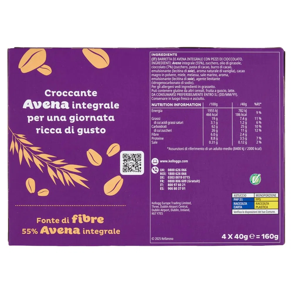 Barrette Croccanti Oaties di Avena Integrale con Pezzi di Cioccolato, Confezione Viola, 160g [BOX con 6 Confezioni]