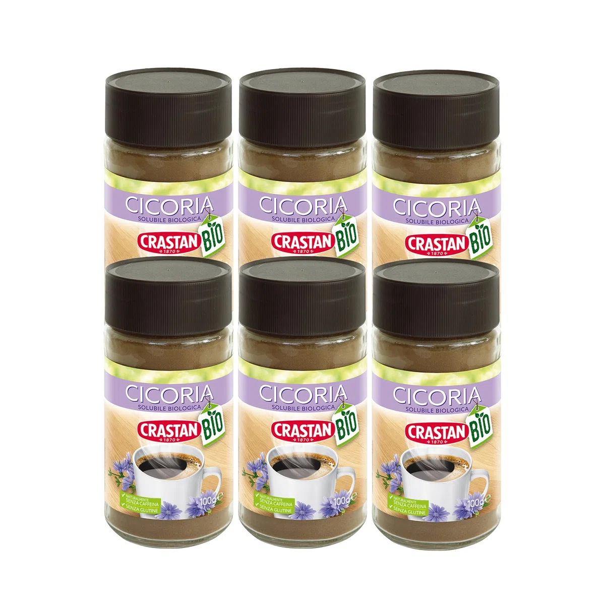 Crastan Cicoria Solubile da Agricoltura Biologica Senza Glutine - 6 vasetti da 100 gr