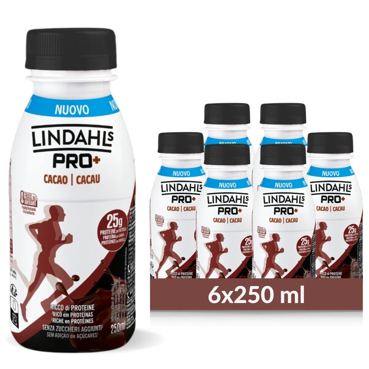 Lindahls Pro+ Drink Cioccolato, 30g di Proteine, Senza Lattosio, 6x250ml