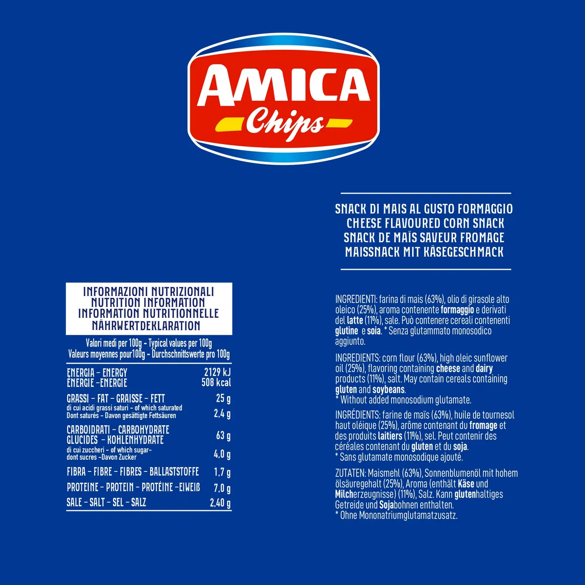 AMICA Chips | Patatine Cornetto al Gusto Formaggio, Snack di Mais Cotto al Forno, Senza Glutammato Monosodico, Con Olio di Semi di Girasole, 24 Pezzi x 50 gr