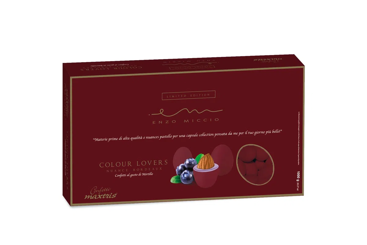 Confetti Maxtris "Enzo Miccio" Ciocomandorla gusto Mirtillo nuance Bordeaux, scatola 1 kg