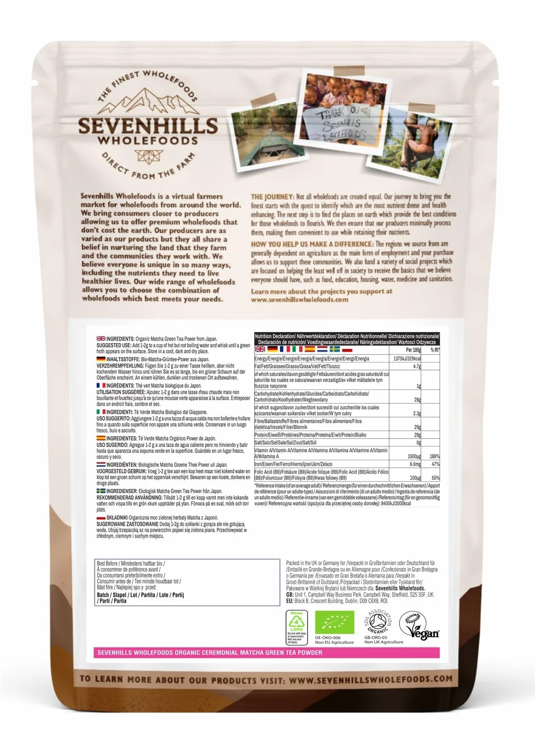 Sevenhills Wholefoods Polvere Di Tè Verde Matcha Cerimoniale Giapponese Crudo Bio 200g