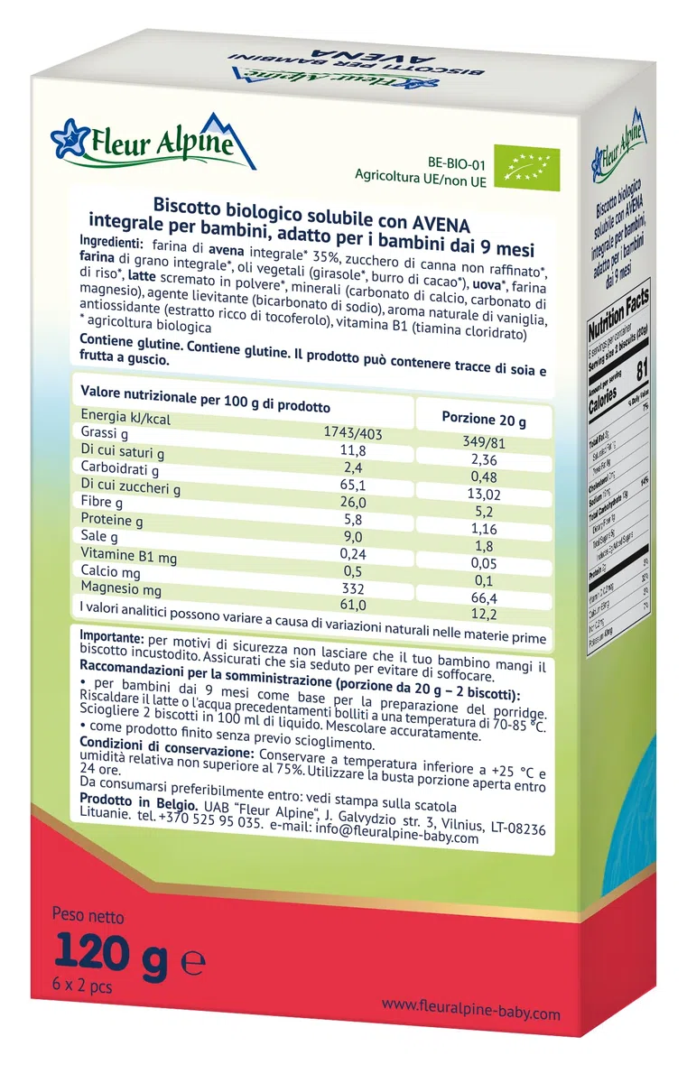 FLEUR ALPINE Biscotti Baby - Confezione da 12 x 2 deliziosi snack per bambini per una deliziosa colazione a base di porridge - Semplici biscotti integrali - 9 mesi