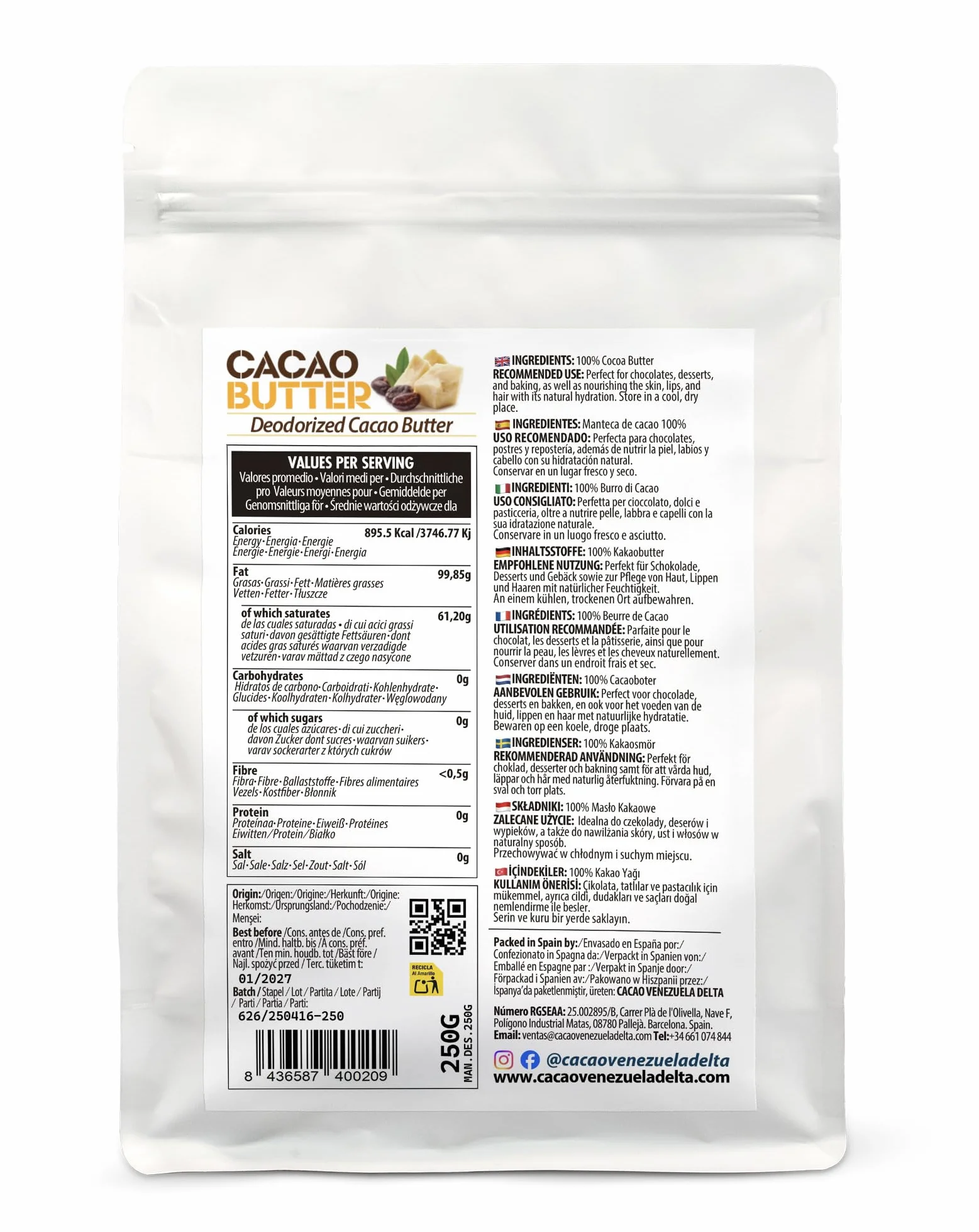 Cacao V Delta Burro Di Cacao Deodorato Alimentare e per Cosmesi 250g - Puro, Non Raffinato - Cheto, Paleo, Vegano, Senza Glutine - Per Dolci e Cioccolato - Antiossidanti, Acidi Essenziali