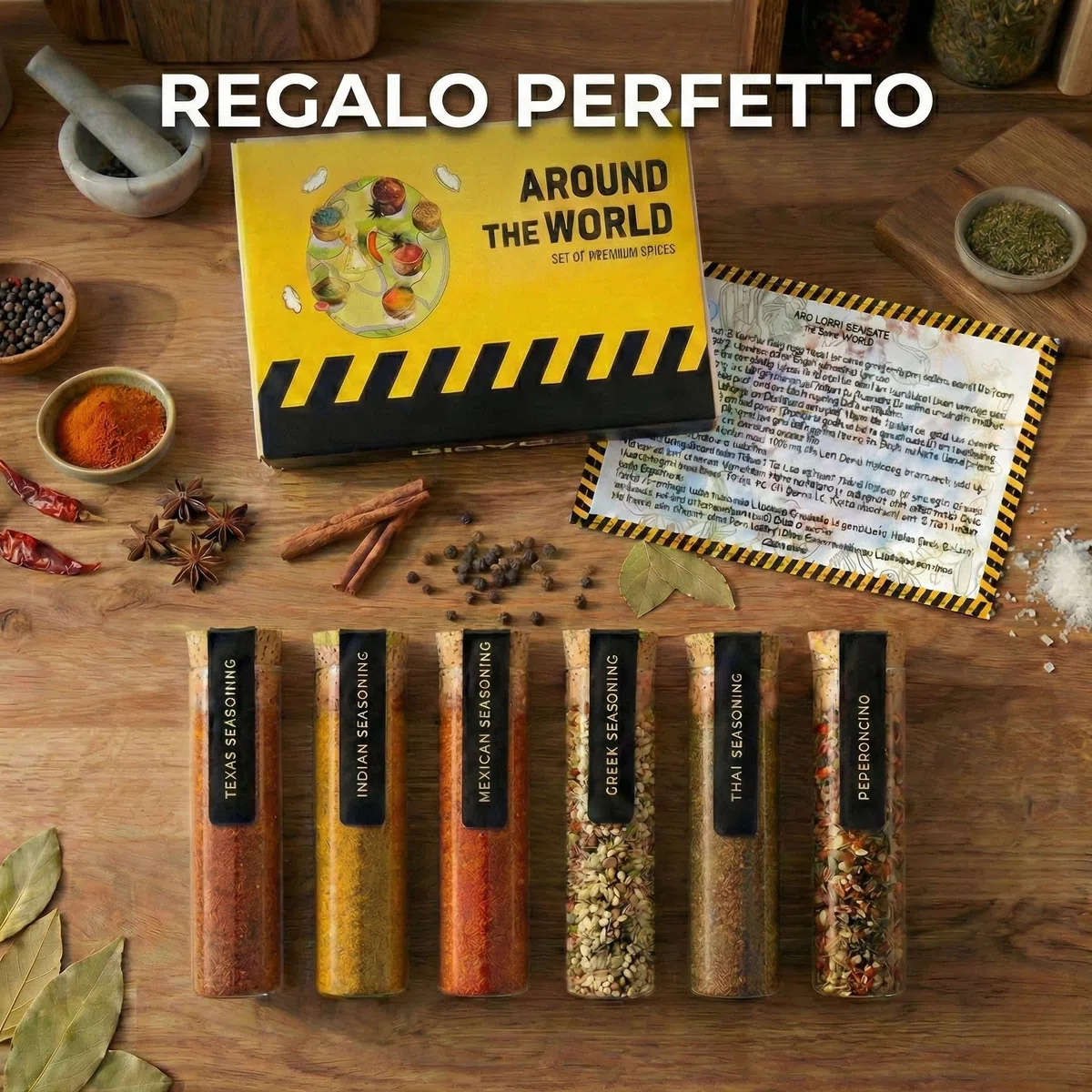 DIBYS Set Regalo di Spezie da Tutto il Mondo | 6 Eccezionali Mischioni di Spezie con Ricette Incluse | Confezione Regalo di Spezie | Regali per Gourmet e Appassionati di Cucina