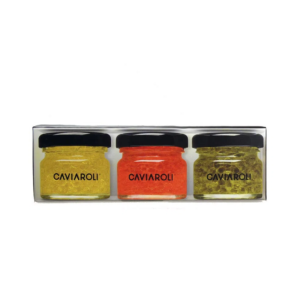 Caviaroli - Sferificazione di Olio d' Oliva Extra Vergine - Perle Gelificate Gourmet per Condimenti e Decorazioni, Caviale d'Olio in Pack 3 Sapori, Olio, Peperoncino e Basilico - 3x20g
