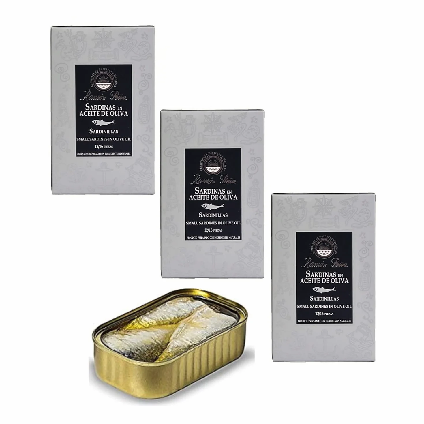 Conserve di Pesce e Frutti di Mare | Ramòn Peña® Piccole Sardine in Olio di Oliva | Conserve Ittiche Artigianali - 3 Lattine x 115 Gr (Sgocciolato 3 x 85 Gr) | Sardine Sott'Olio
