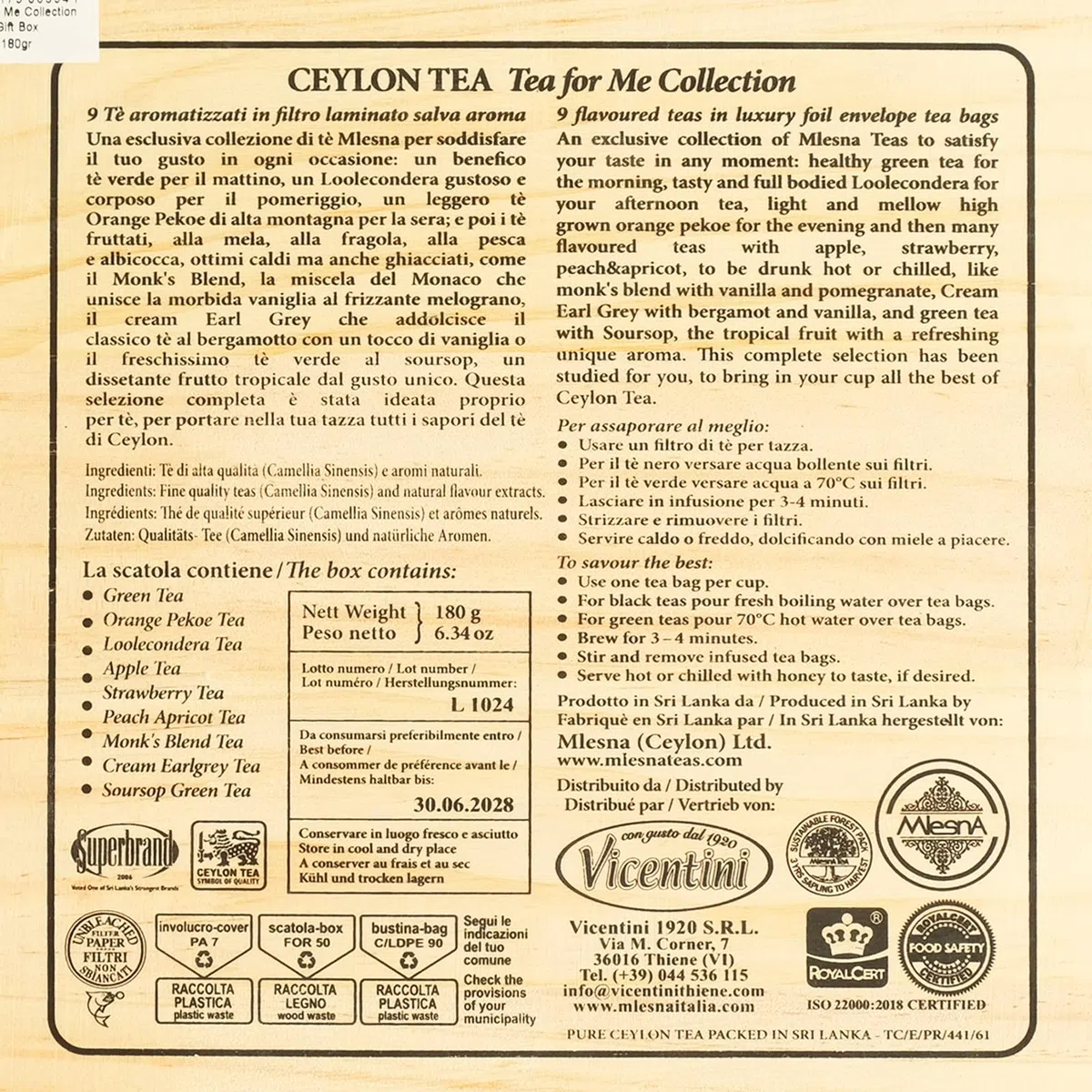 Mlesna Tea for Me Collection, Tè di Ceylon Assortiti, 90 Filtri in Bustine Singole, 9 Varietà, Scatola Regalo in Legno, Tè Puro con Aromi Naturali
