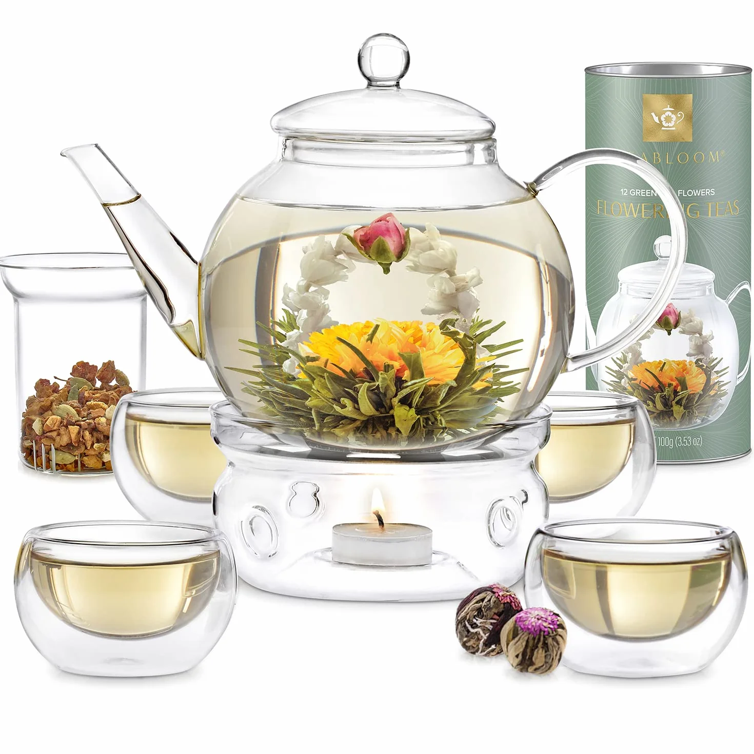 Teabloom Tè in Fiore – 12 Pregiate Varietà di Fiori di Tè – Foglie di Tè Verde e Fiori Commestibili Intrecciati a Mano – Elegante Confezione Regalo da 12 Pezzi