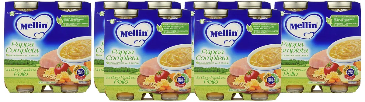 Mellin Baby Cena, Pappa Completa con Verdure, Semolino e Pollo, Alimento per l’Infanzia, Pronta all’Uso, Nutriente e Bilanciata, Ideale per Svezzamento - Confezione da 12x250 gr