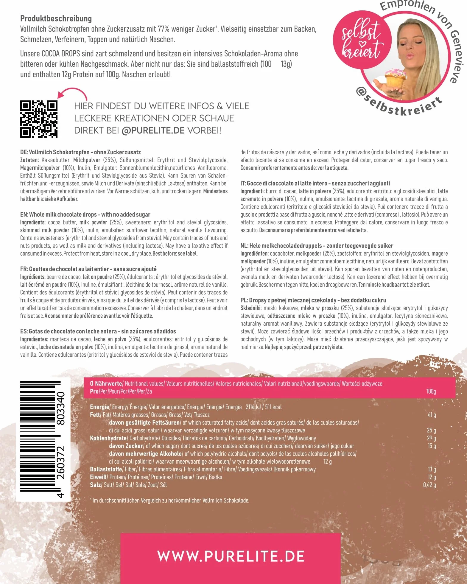 PURELITE Cocoa Drops cioccolato 450g, gocce di cioccolato al latte intero senza zuccheri aggiunti, eritritolo e stevia senza retrogusto, con il 77% di calorie in meno