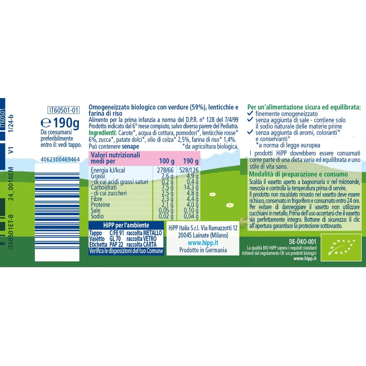 HiPP - Pappa Pronta Completa Bio, Crema di Riso con Lenticchie e Verdure, per Bambini, 100% Vegano, Senza Sale Aggiunto, 6 Vasetti da 190 gr