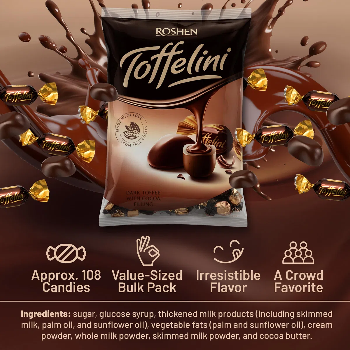 Roshen Toffelini Caramelle al Toffee Ricoperte di Cioccolato Fondente con Ripieno di Cacao, 1 kg